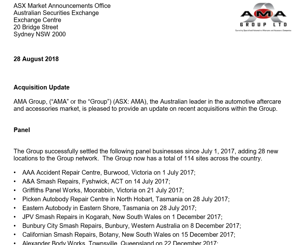 ASX update from the listed smash repair company AMA Group Limited, that lists the 28 panel beating companies the company acquired between July 1, 2017, and August 28, 2018.